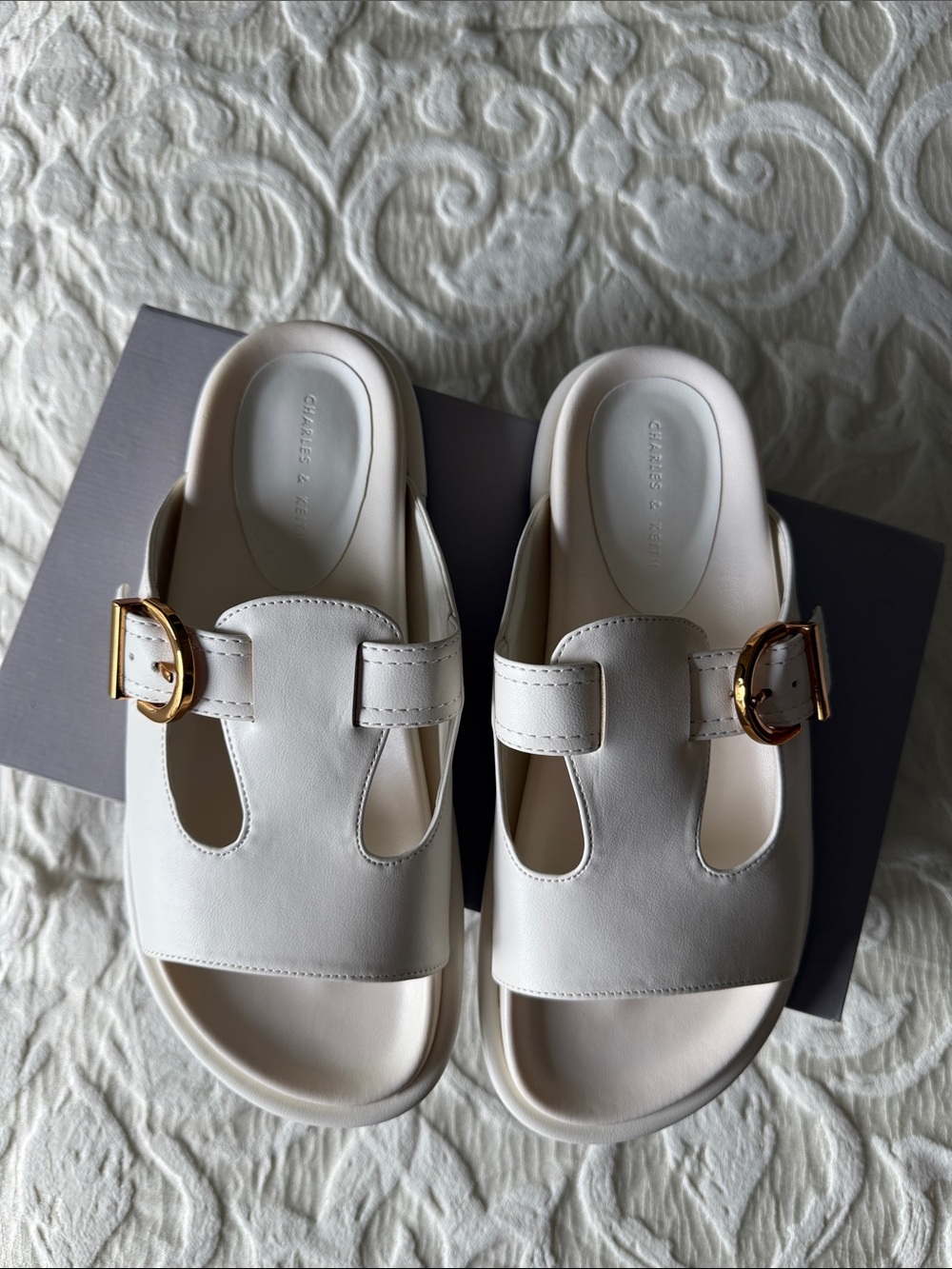 Charles & Keith Cream Slide Sandals with Gold Buckles - Picture 2 of 7